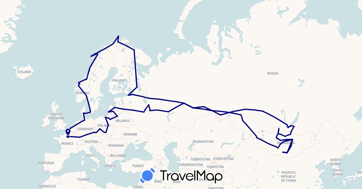 TravelMap itinerary: driving in Belgium, Czech Republic, Germany, Denmark, France, Lithuania, Latvia, Mongolia, Norway, Poland, Russia, Sweden (Asia, Europe)